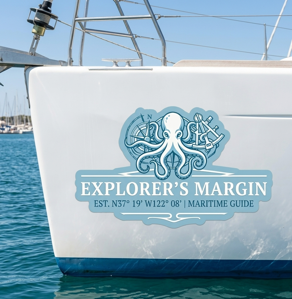 Custom boat Explorer's Margin logo decals with octopus design applied on yacht hull waterproof marine sticker for branding