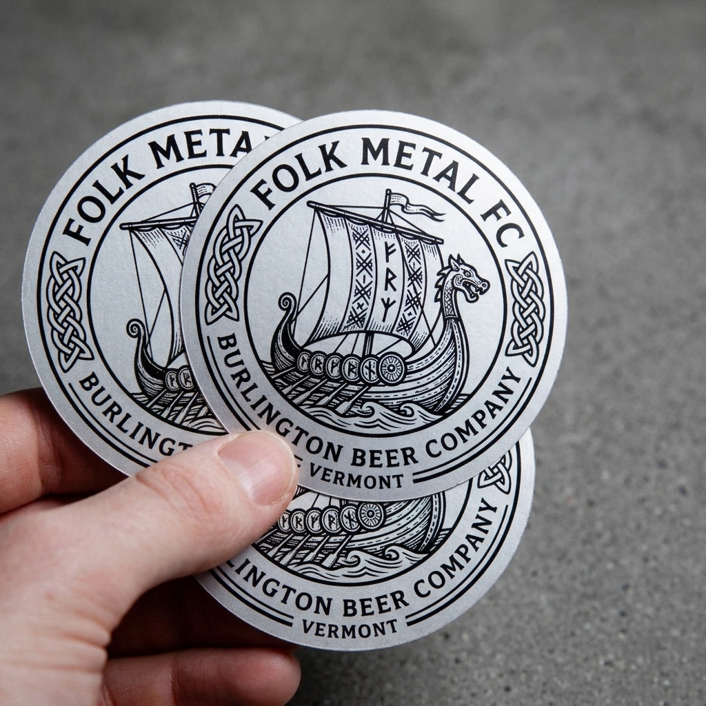 Three Folk Metal texture stickers held by a hand on a gray surface