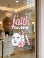 Custom storefront window cling with nail salon logo applied on glass for business branding and decoration