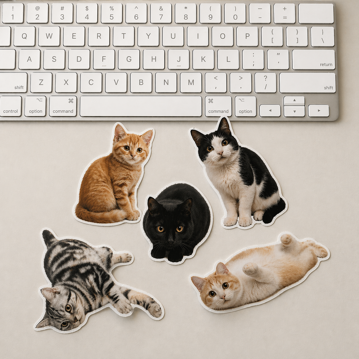 Five cat vinyl stickers on a beige surface with a keyboard in the background
