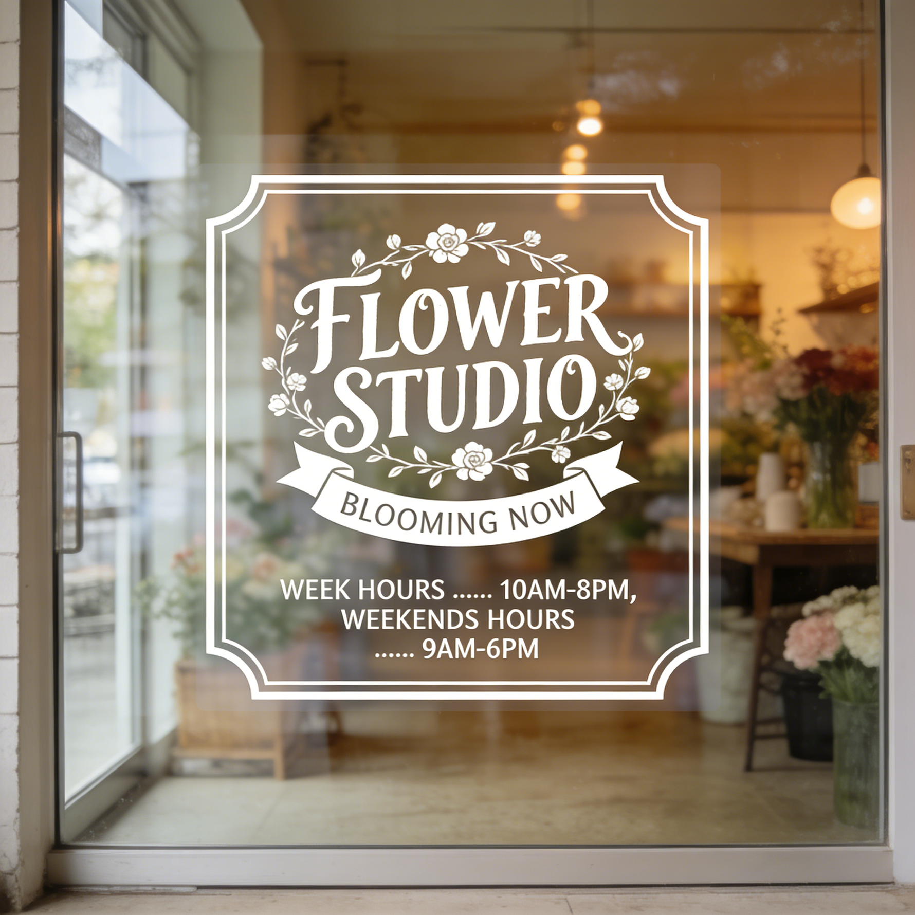 Flower Studio sign cling on a glass door with store interior reflection, custom window clings no adhesive