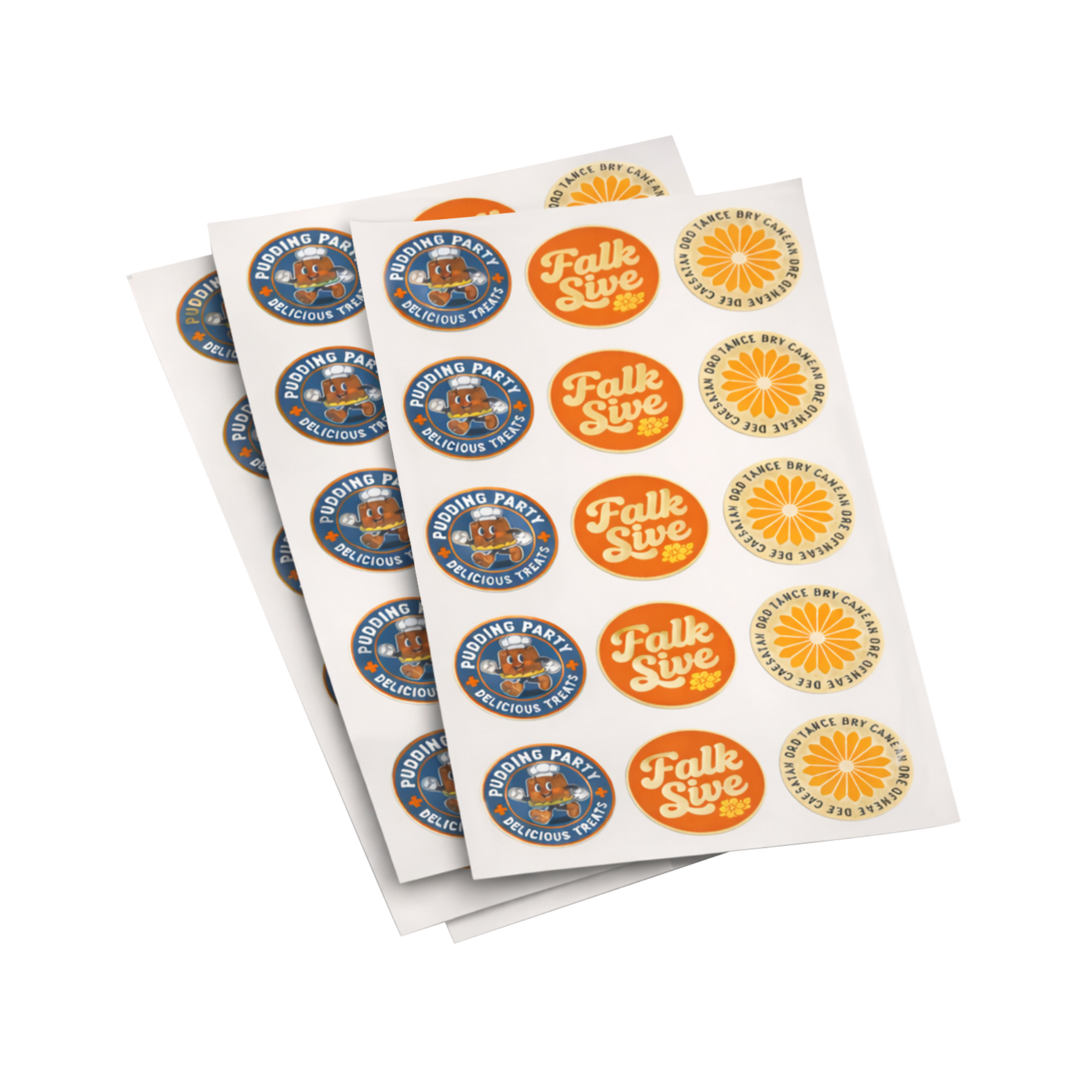 Set of round sticker sheets with fall sale labels, food-themed pudding party stickers, and decorative designs on a white background