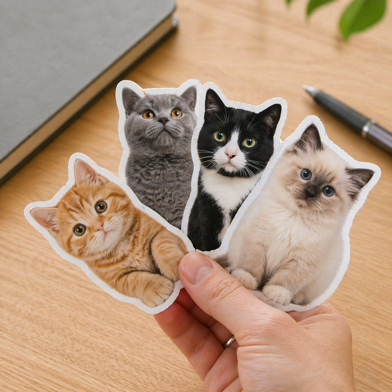 Four cat stickers in cat-shaped held by a hand on a wooden surface.