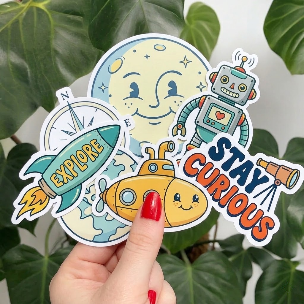 Four colorful stickers featuring a robot, submarine, rocket, and moon with 'Explore' and 'Stay Curious' text, held against a leafy green background.