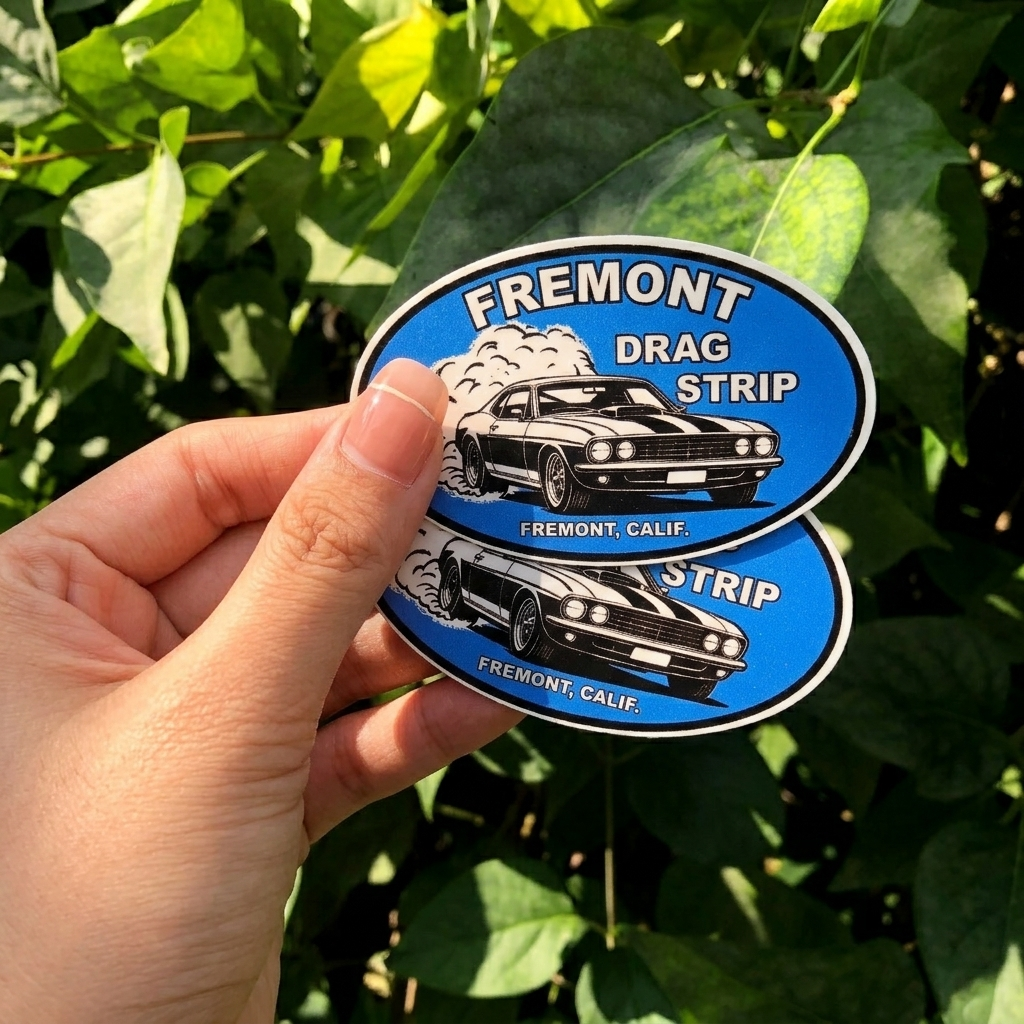 Hand holding a Fremont Drag Strip sticker with a blue border against a green leafy background