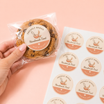 Bakery labels on cookie bag with “Freshly Baked Handmade Treat” design – custom bakery labels for packaging and baked goods
