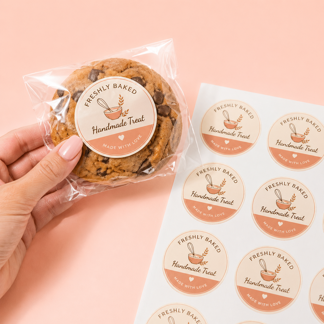Bakery labels on cookie bag with “Freshly Baked Handmade Treat” design – custom bakery labels for packaging and baked goods