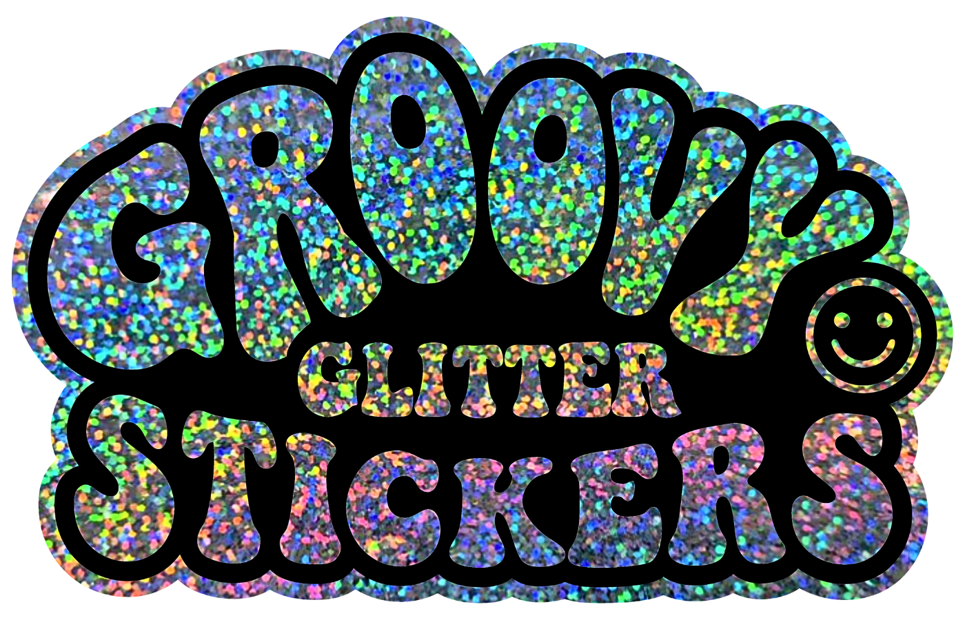 Glittery multicolor text with 'Groovy Glitter Stickers' text on a white background