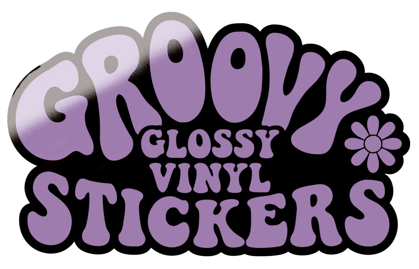 Logo for 'Groovy Glossy Vinyl Stickers' with a purple and black design.