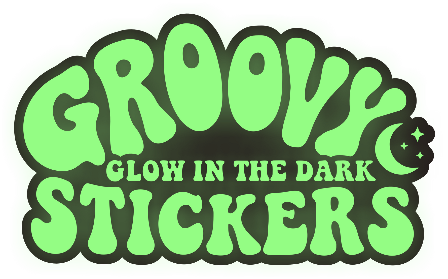 Glow in the dark stickers with green text on a white background