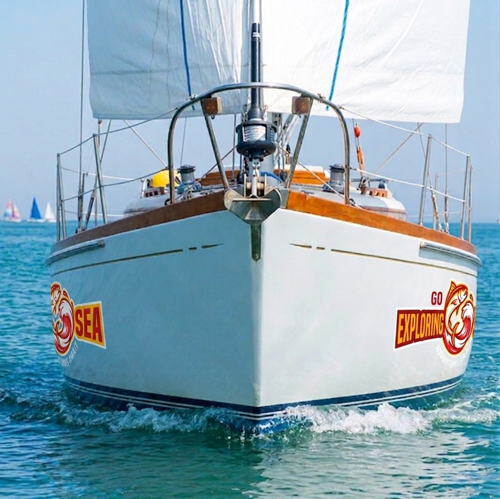Vinyl boat decals applied on sailing yacht hull durable waterproof decals for outdoor marine use