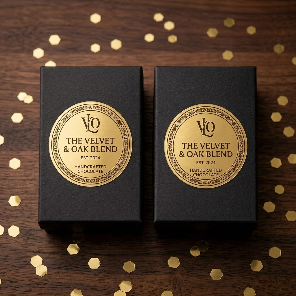 Gold round labels for black gift boxes, showcasing high-quality gold foil stickers for product packaging.