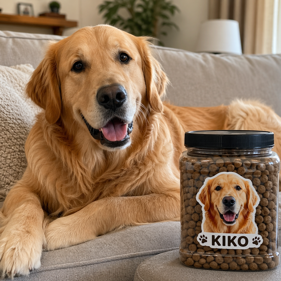 Golden retriever lying on a couch next to a jar of dog food with custom pet photo stickers from KIKO.