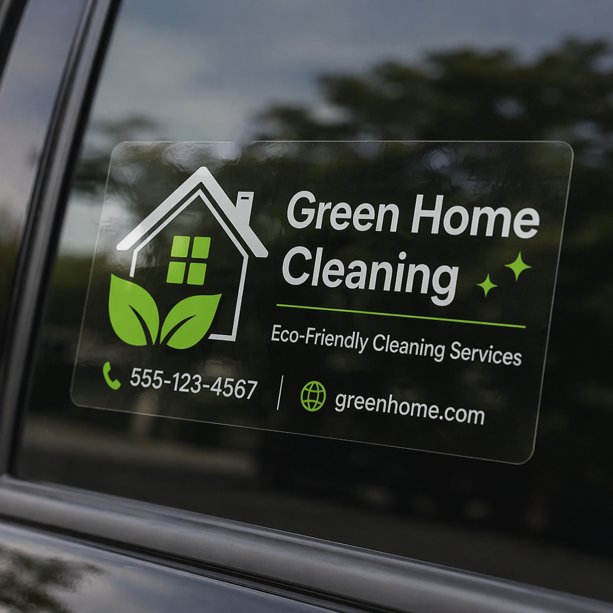 Green Home Cleaning clear decal on a car window with contact information.