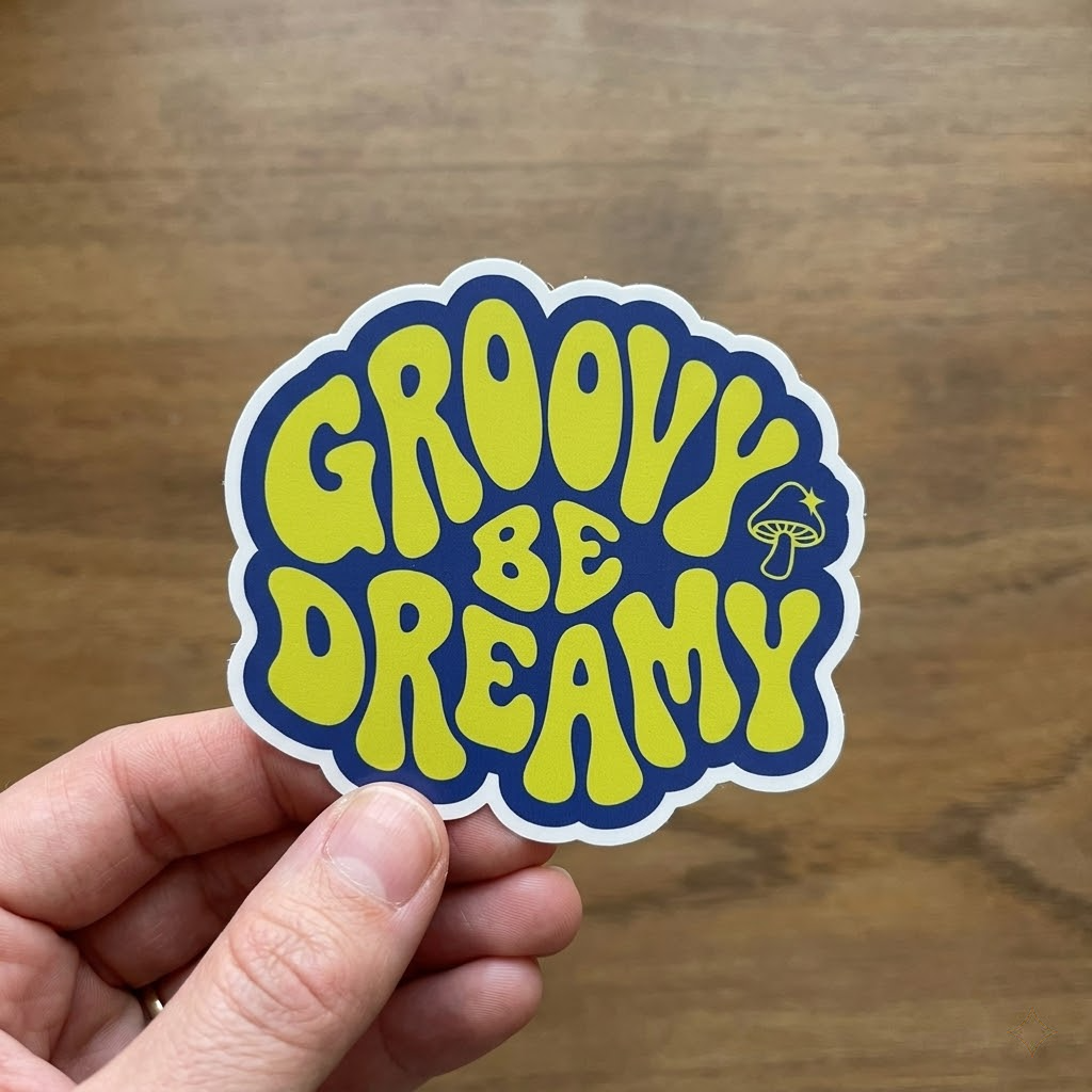 Hand holding a 'Groovy Be Dreamy' vinyl sticker against a wooden background