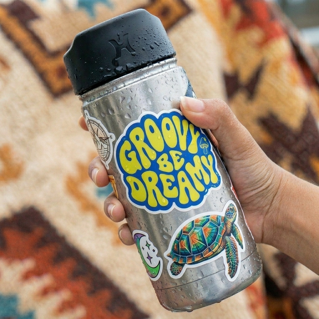 Hand holding a metal tumbler with waterproof stickers, 'Groovy Be Dreamy' text and turtle design on a patterned rug background.