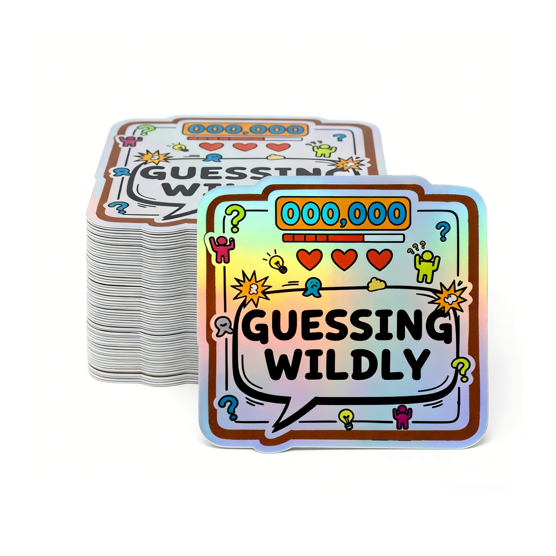 Stack of colorful holographic Guessing Wildly stickers with playful game-inspired graphics and icons in the white background