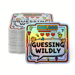 Stack of 'Guessing Wildly' game cards holographic stickers with colorful design on a white background
