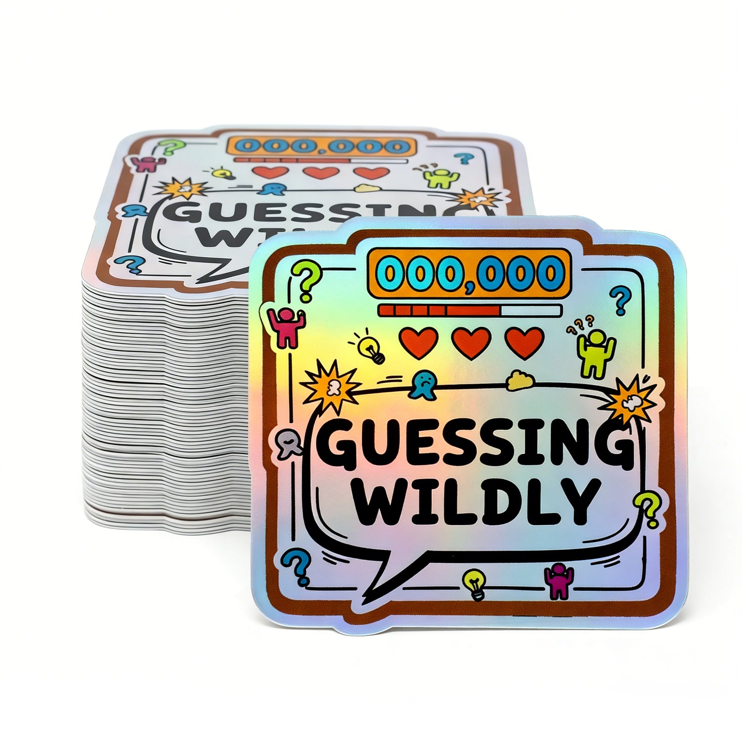 Stack of 'Guessing Wildly' game cards holographic stickers with colorful design on a white background