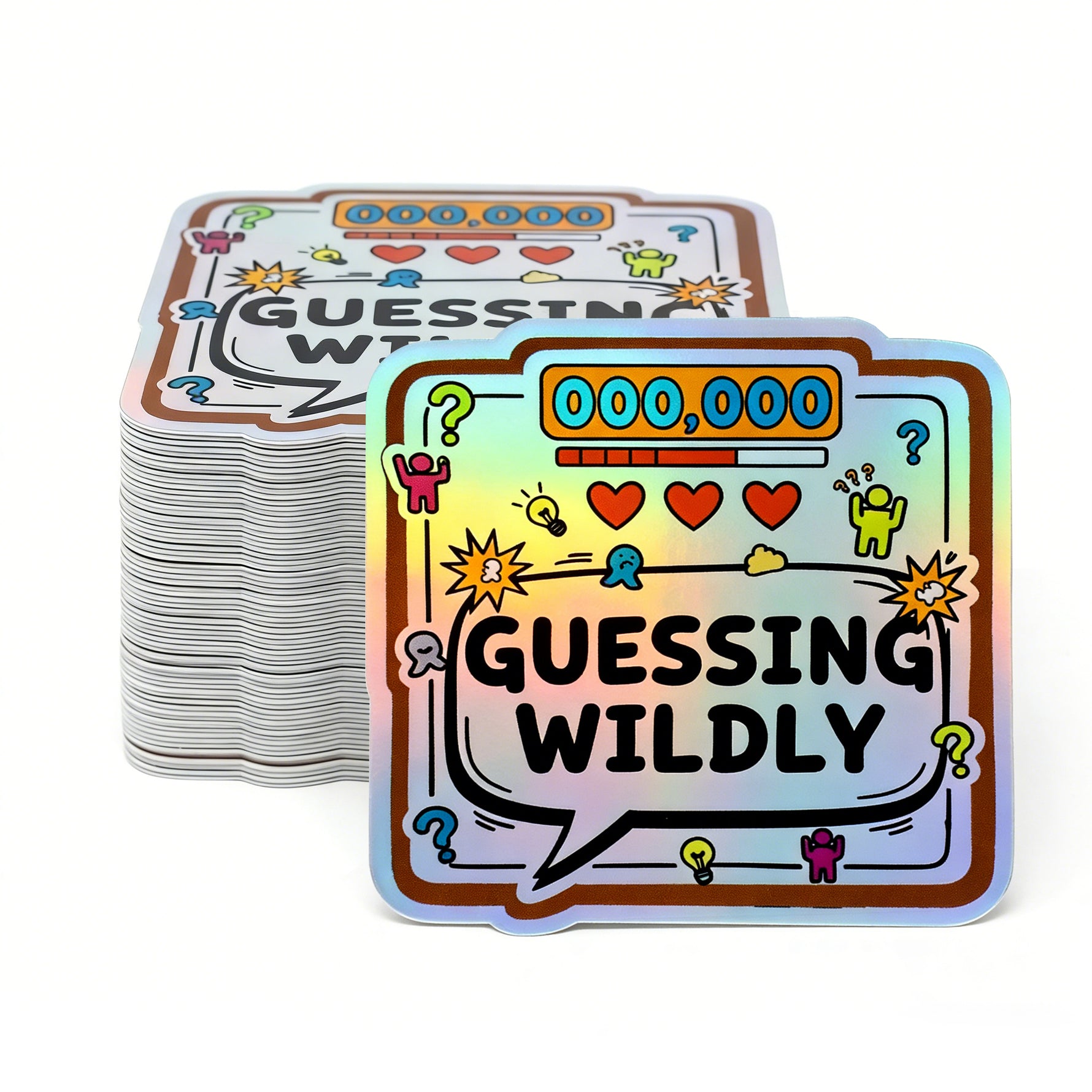 Stack of 'Guessing Wildly' game cards holographic stickers with colorful design on a white background