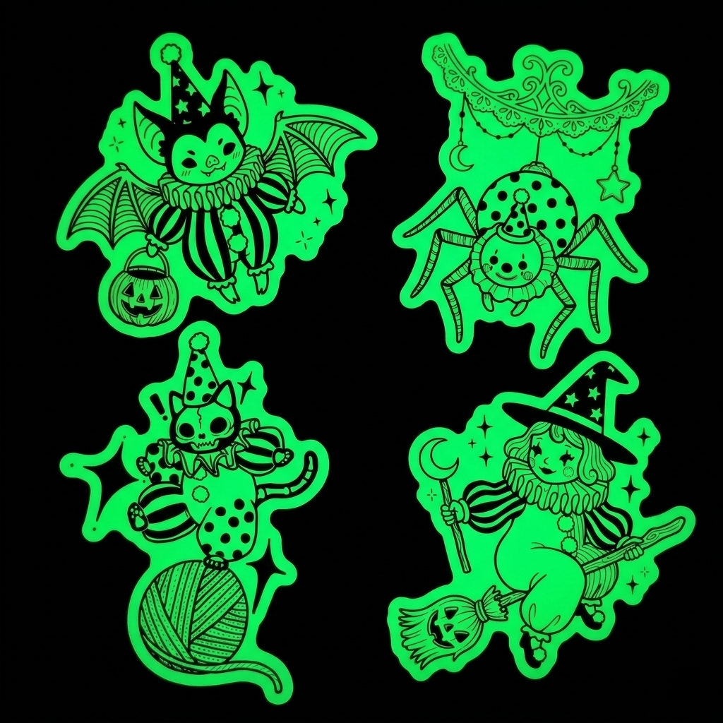 Set of four green Halloween-themed glowing stickers on a black background