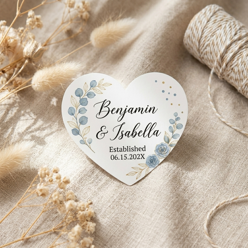 Heart-shaped decorative wedding stickers with names and date on a textured surface with dried flowers and twine.