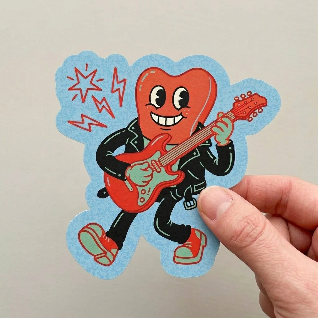 Hand holding custom sticker of a heart-shaped character playing a guitar held by a hand against a plain background