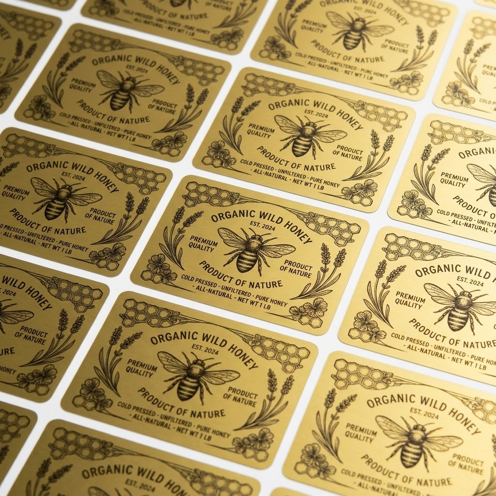High-quality custom printed gold foil labels with an elegant bee design, showcasing a premium metallic gold finish for organic honey product packaging.
