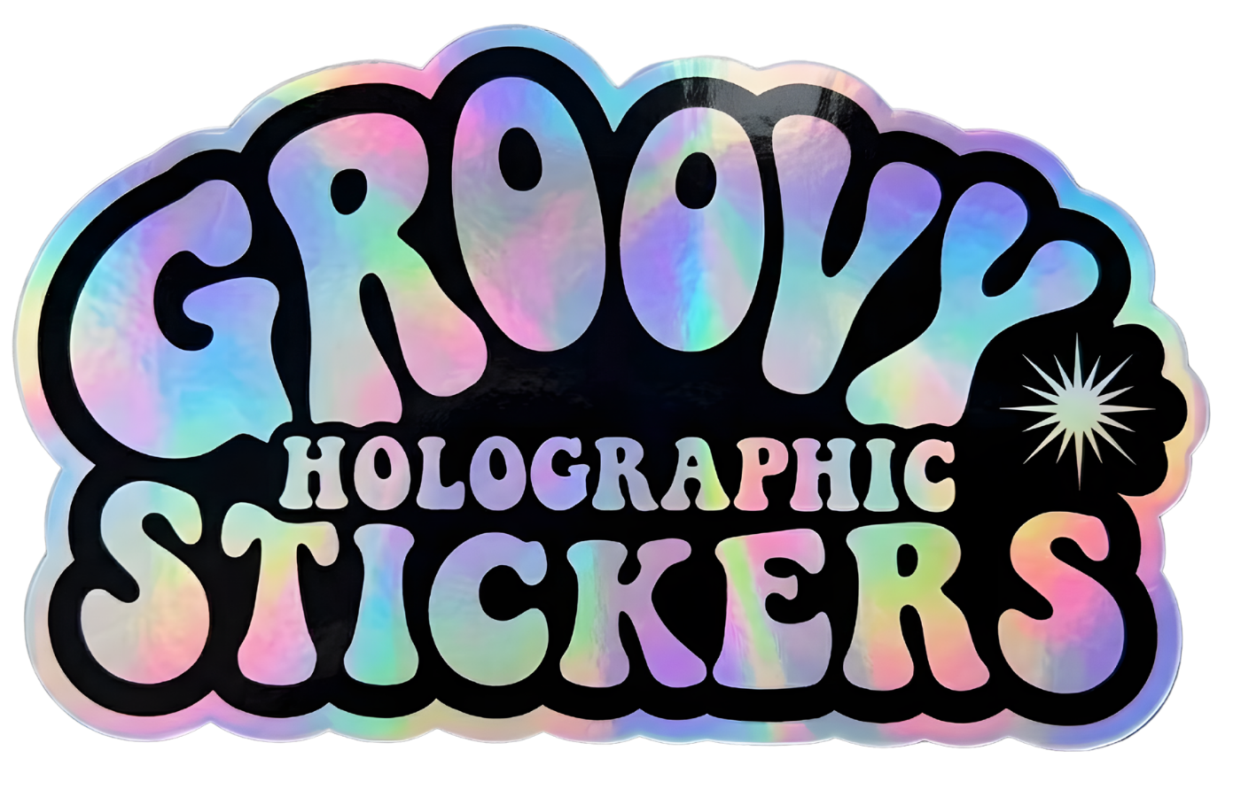Holographic sticker with 'Groovy Holographic Stickers' text on a white background