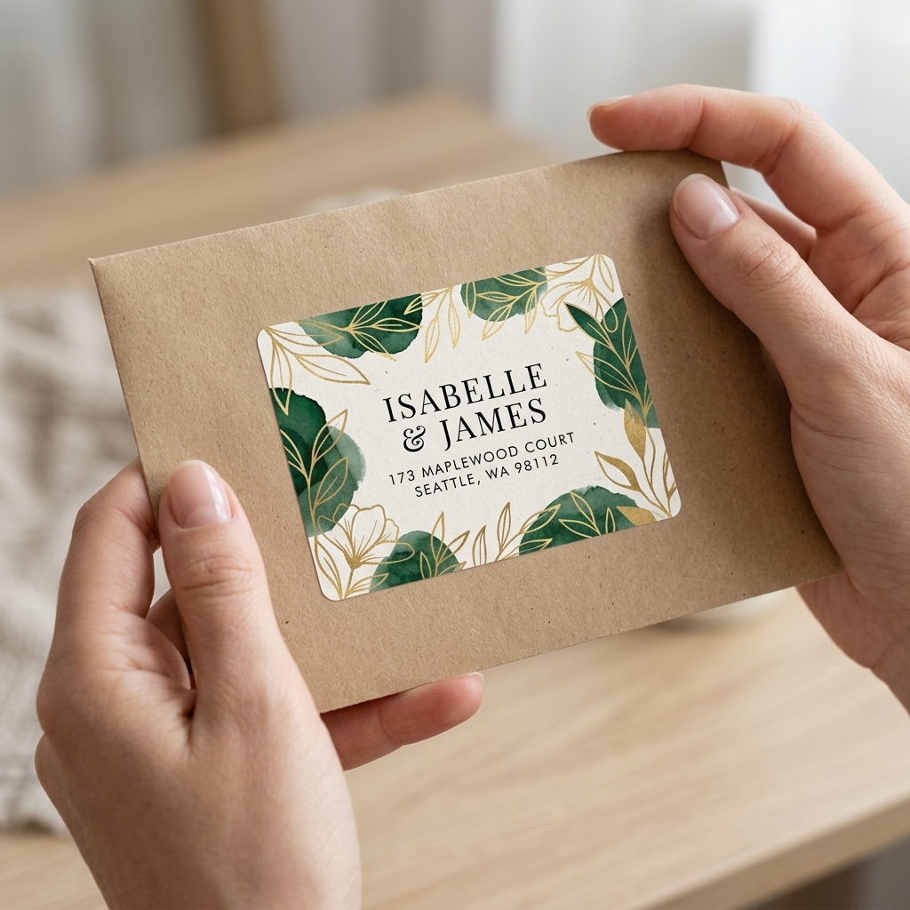 Kraft paper envelope with a decorative wedding address label held by hands on a wooden surface.