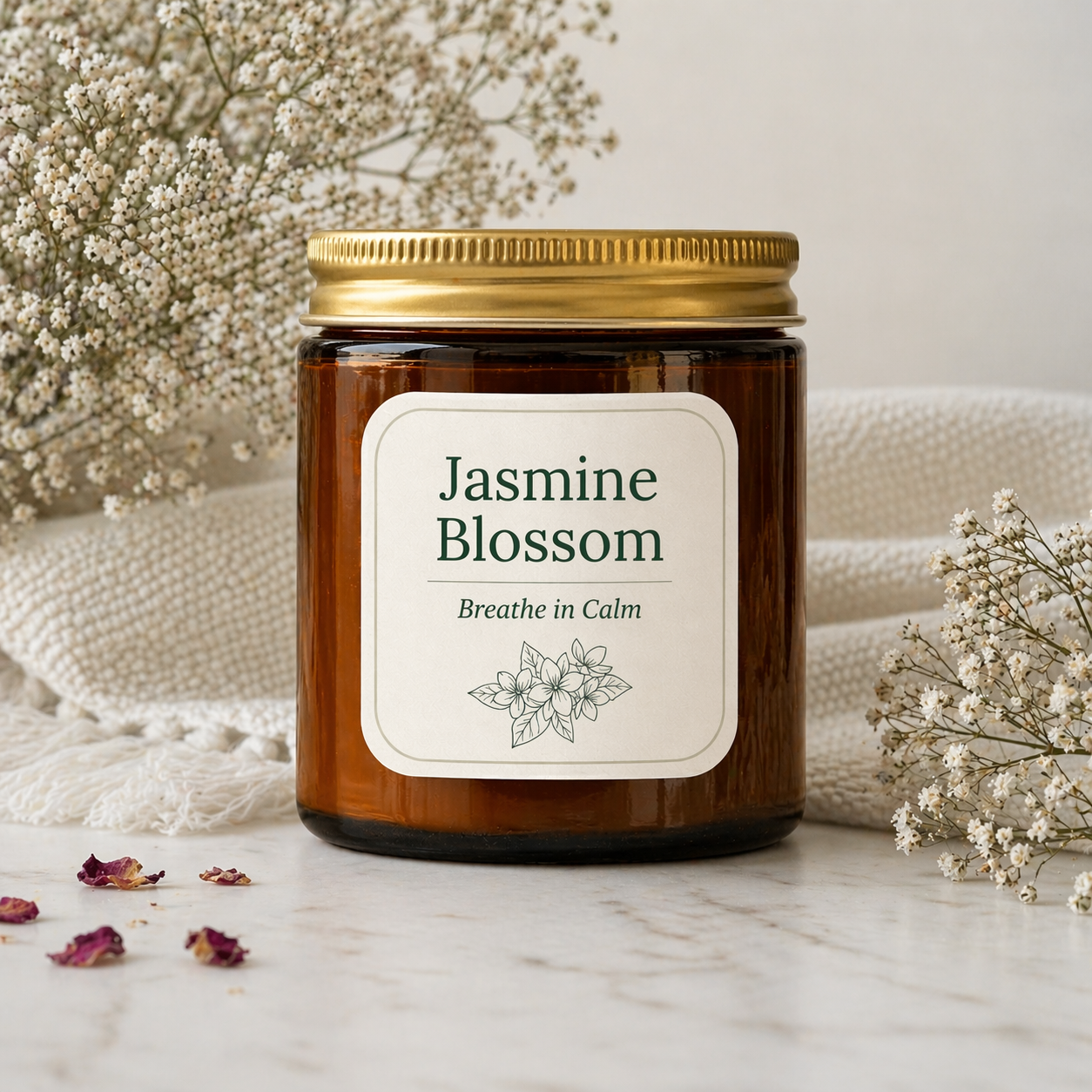 Candle jar labeled “Jasmine Blossom” with a gold lid, styled on a marble surface with dried flowers for professional branding.
