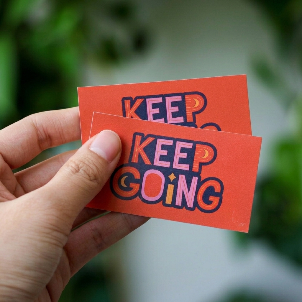 Hand holding two orange rectangle stickers with 'KEEP GOING' text against a blurred green background