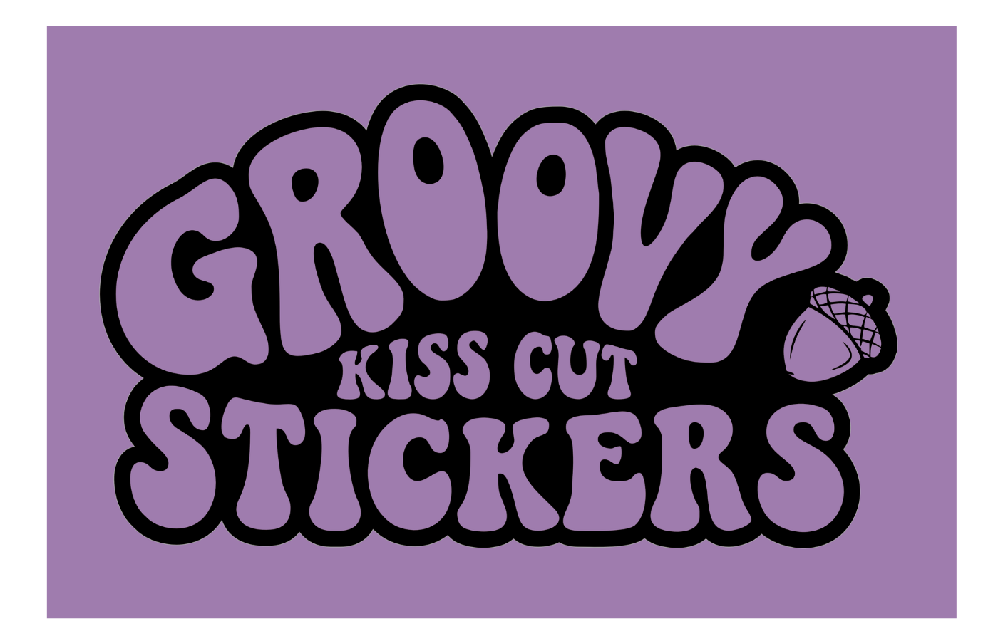 Kiss cut Sticker sample design with 'Groovy Kiss Cut Stickers' text on a purple background