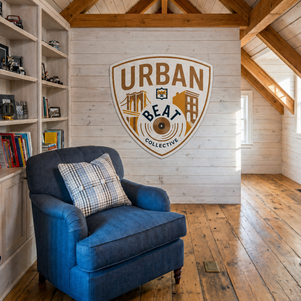 Large custom wall decals featuring a vintage shield-shaped logo styled on a white wooden wall in a cozy attic living room.