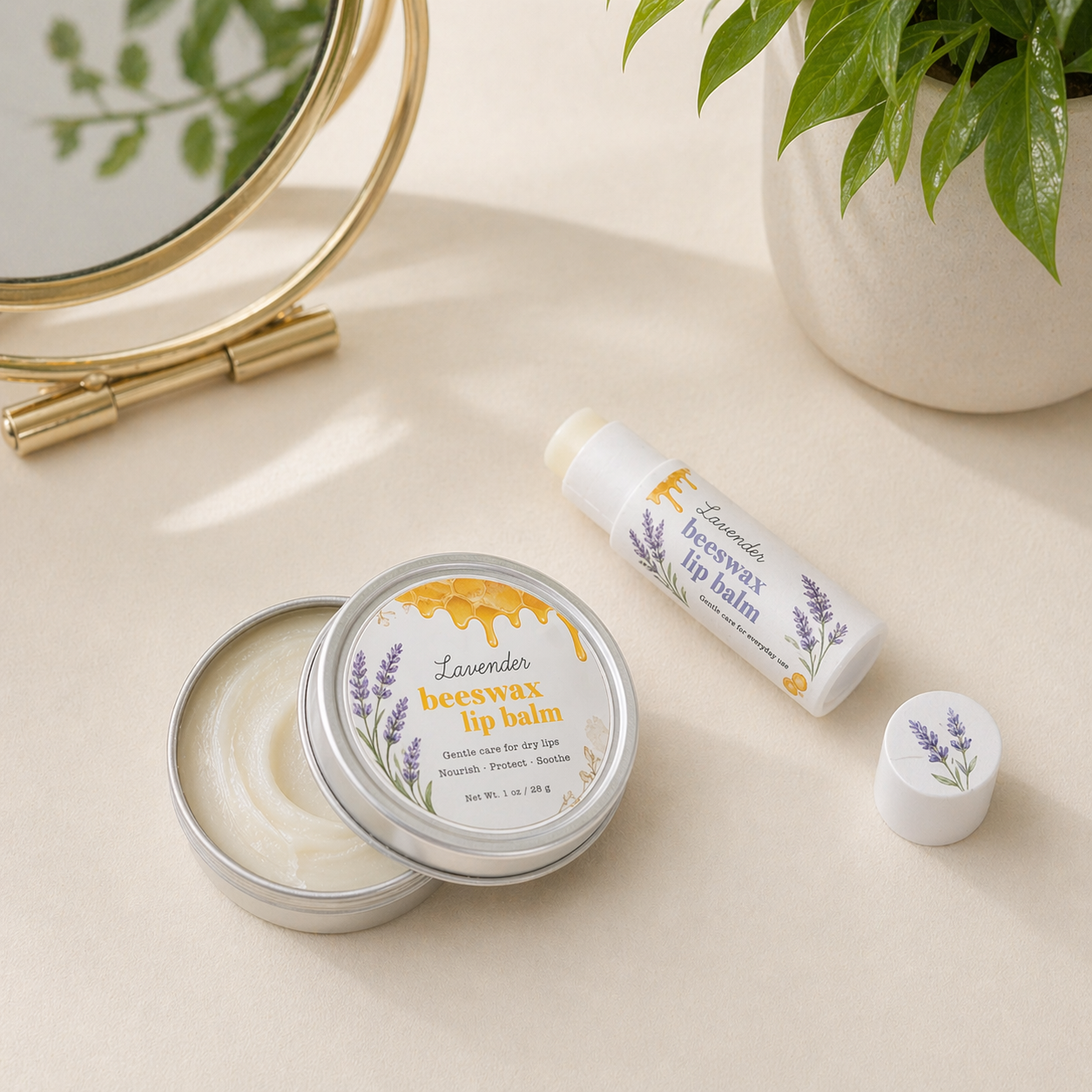 custom lip balm labels​ in Lavender beeswax logo for branding on a light surface with a plant in the background
