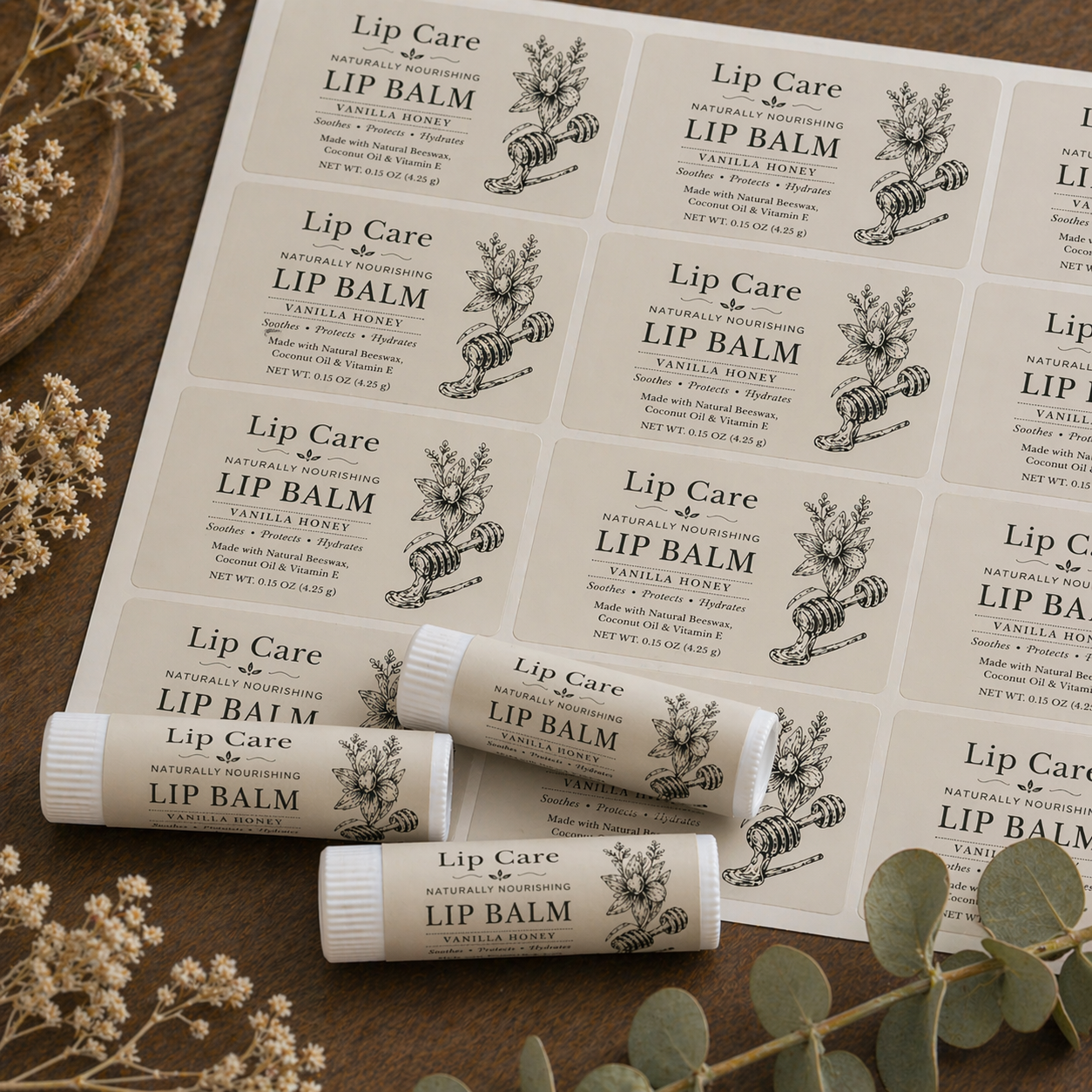 Lip balm packaging with custom sheet labels on a wooden surface with decorative elements.