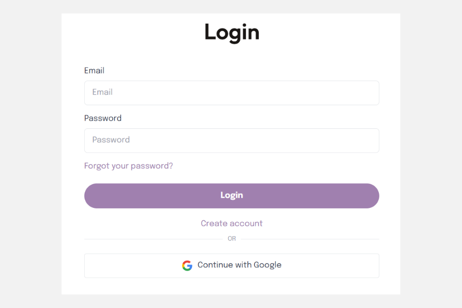 Login page with email and password fields, login button, and Google login option