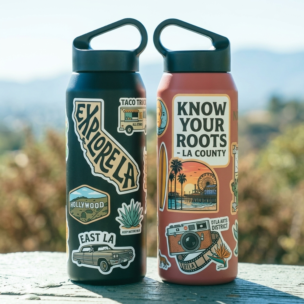 Two water bottles with LA-themed Stickers on a wooden surface with a blurred natural background.