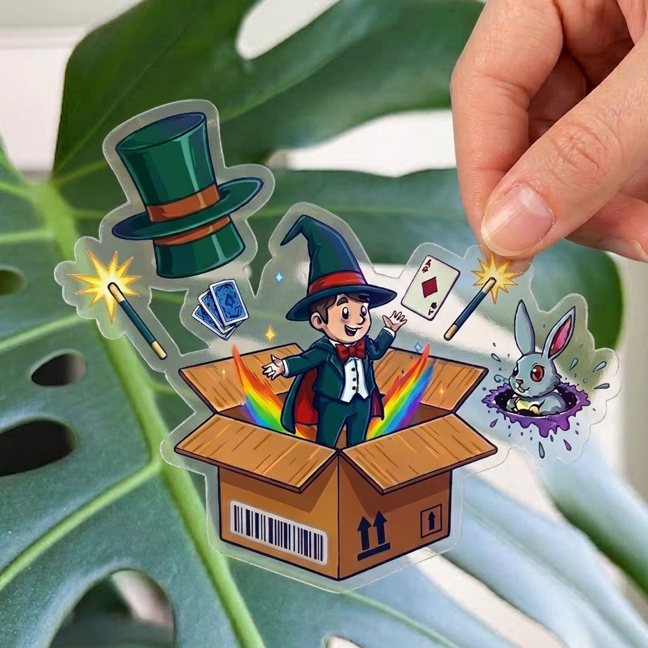 Magician clear vinyl sticker with a rabbit and rainbow, held by a hand on a leafy background