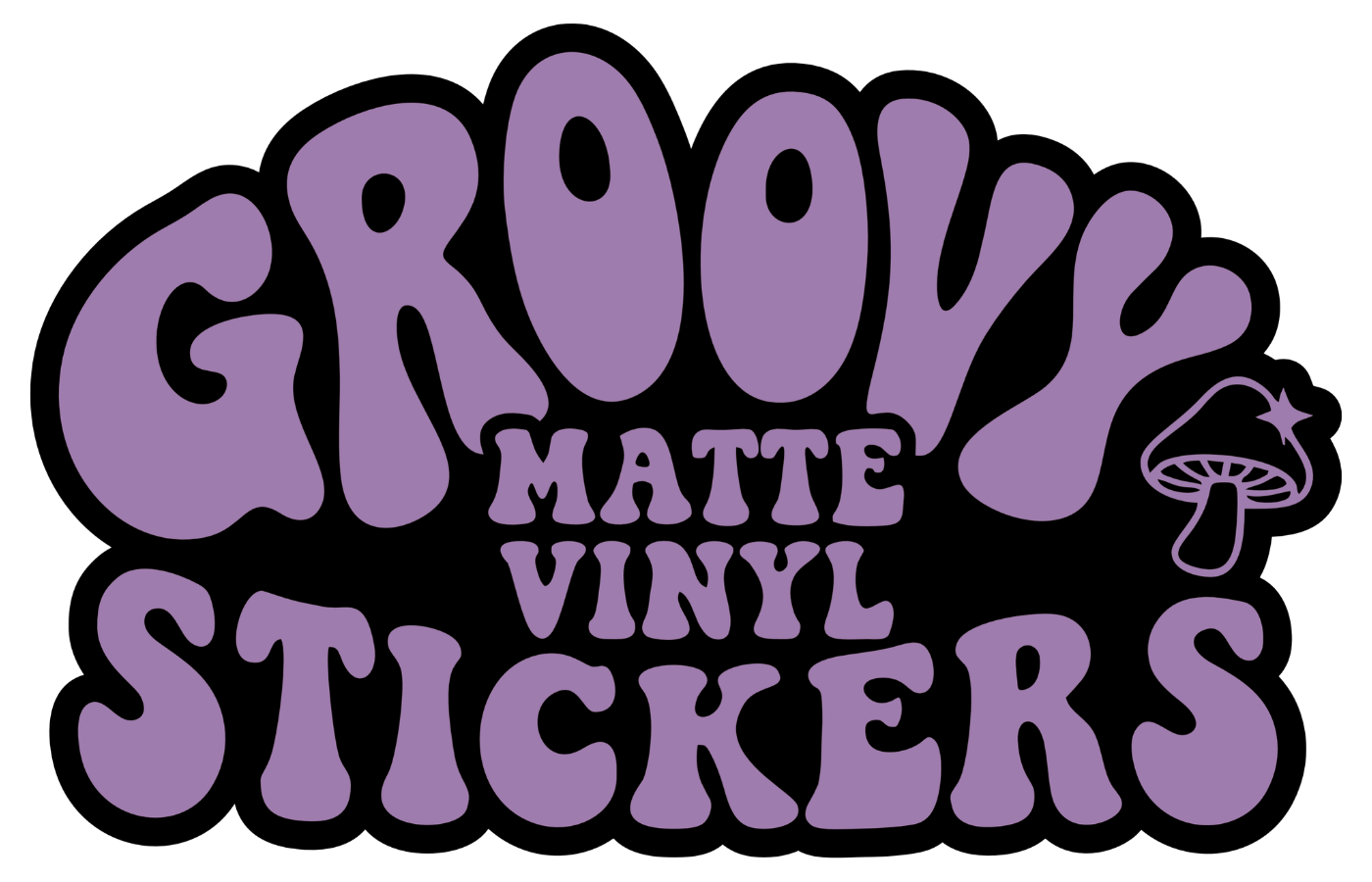Sticker with 'Groovy Matte Vinyl Stickers' text in purple on a black background