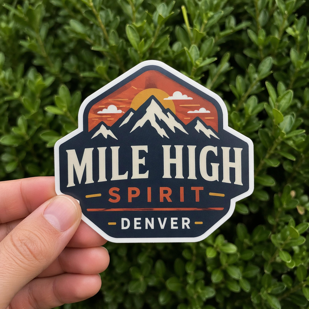 custom vinyl sticker with 'Mile High Spirit Denver' design held in front of green foliage