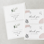 Minimal rounded corner sheet labels for thank-you packaging, featuring soft pink and botanical designs on white sticker sheets