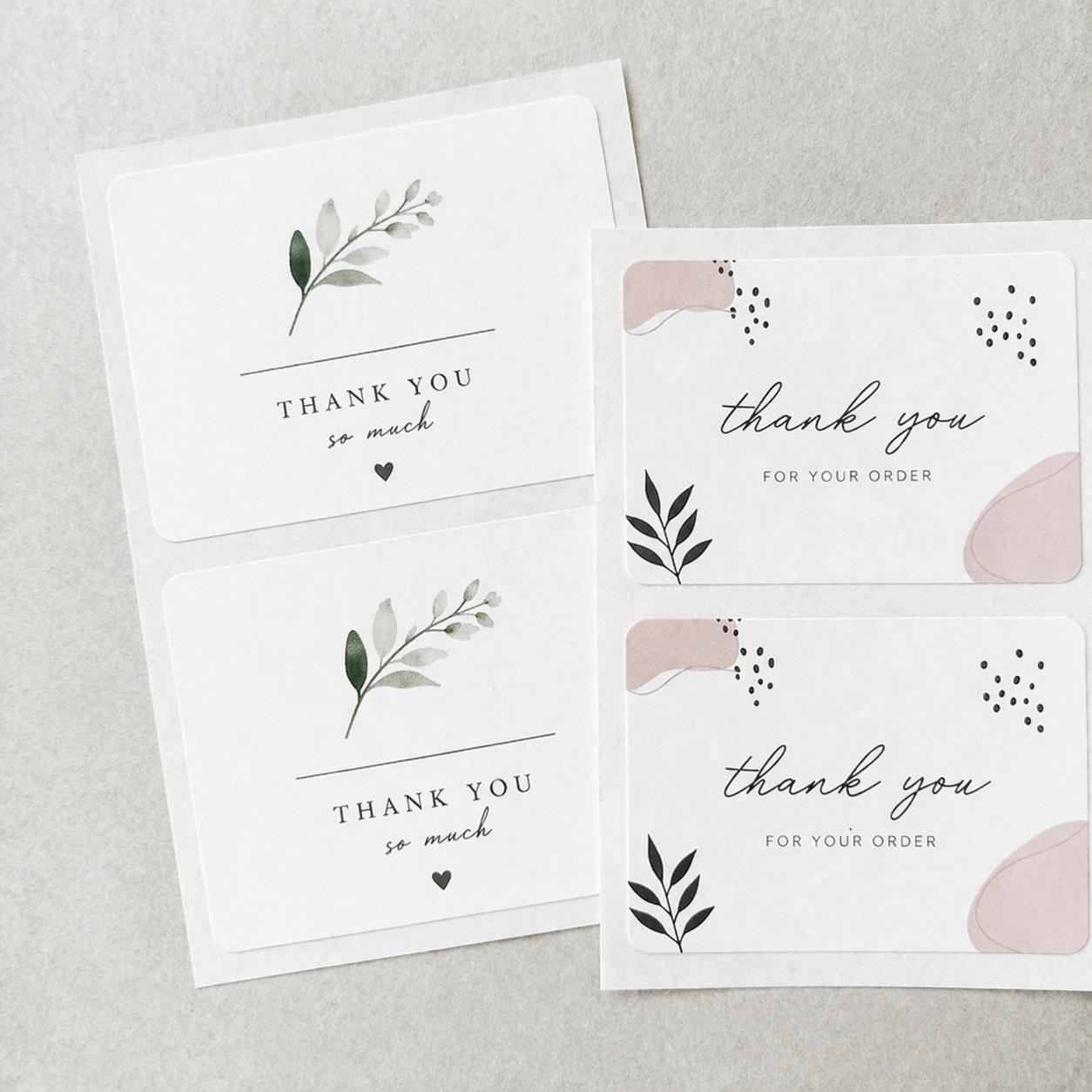 Minimal rounded corner sheet labels for thank-you packaging, featuring soft pink and botanical designs on white sticker sheets