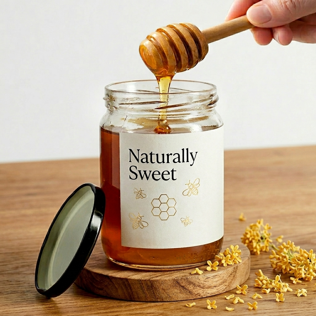 Honey being drizzled from a wooden dipper into a jar labeled 'Naturally Sweet' on a wooden surface.