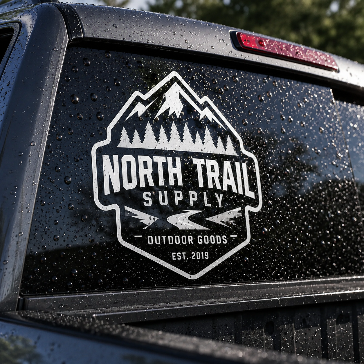 North Trail Supply outdoor goods waterproof decal on a vehicle's rear window with water droplets.