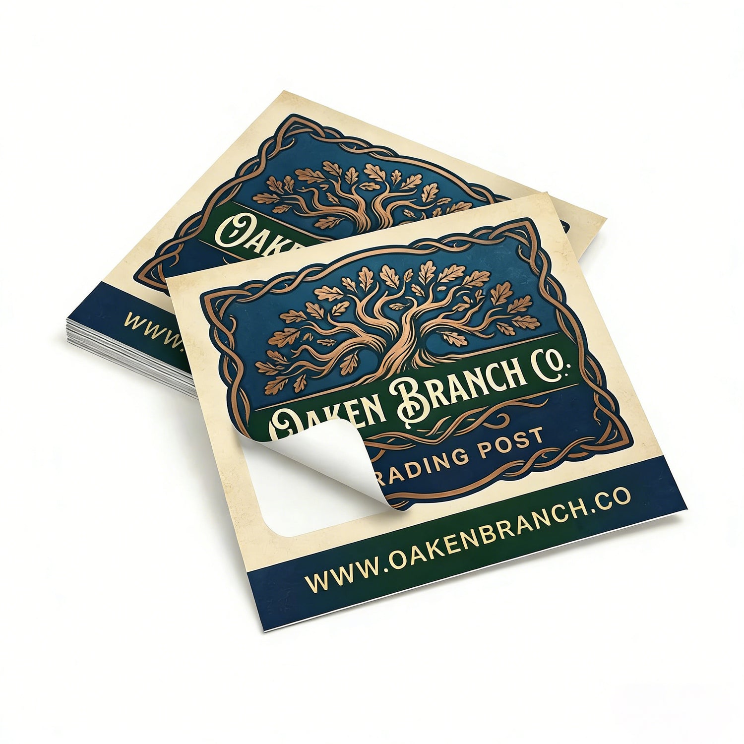 Two Oaken Branch Co. trading post kiss cut stickers on a white background