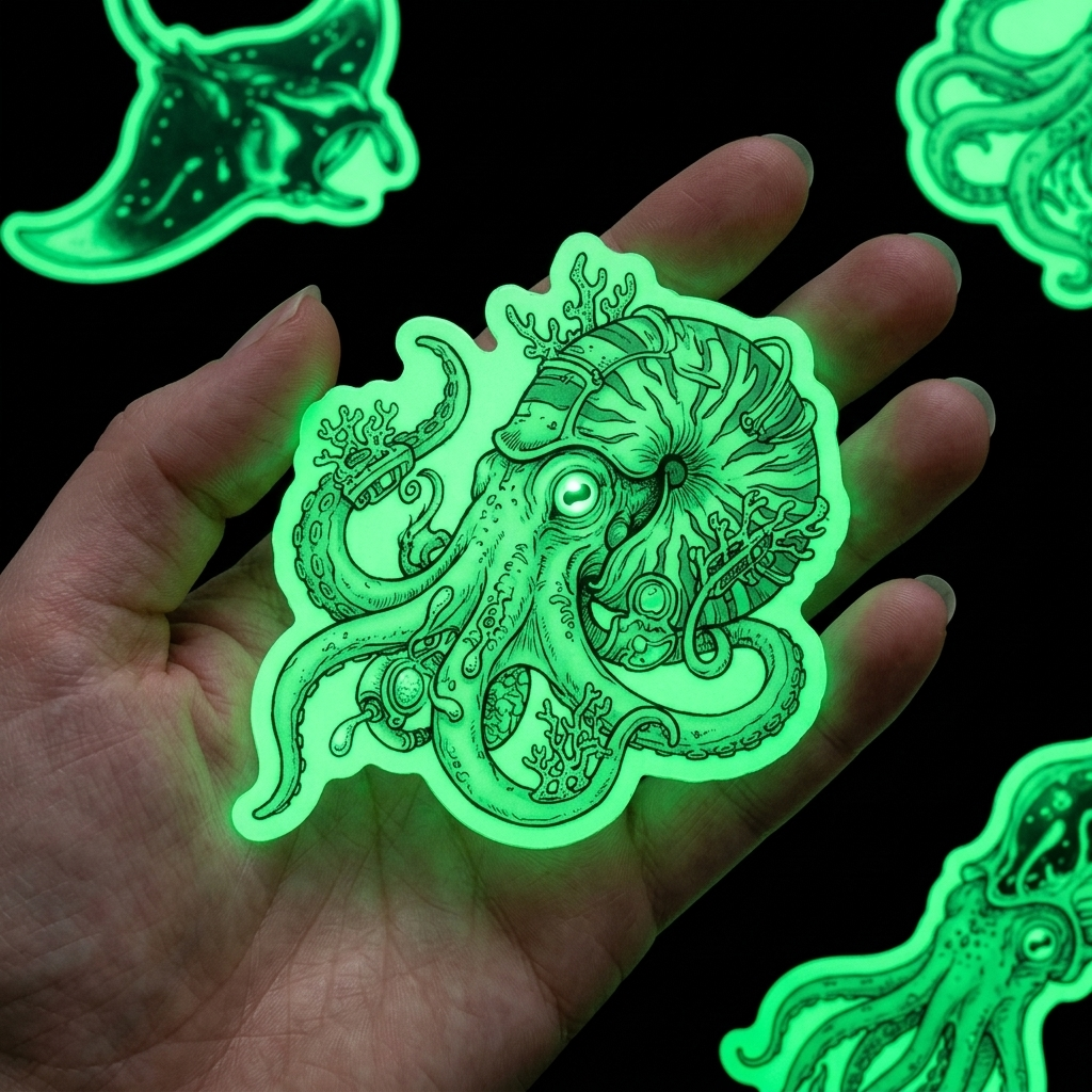 Glowing green octopus design held in a hand against a black background