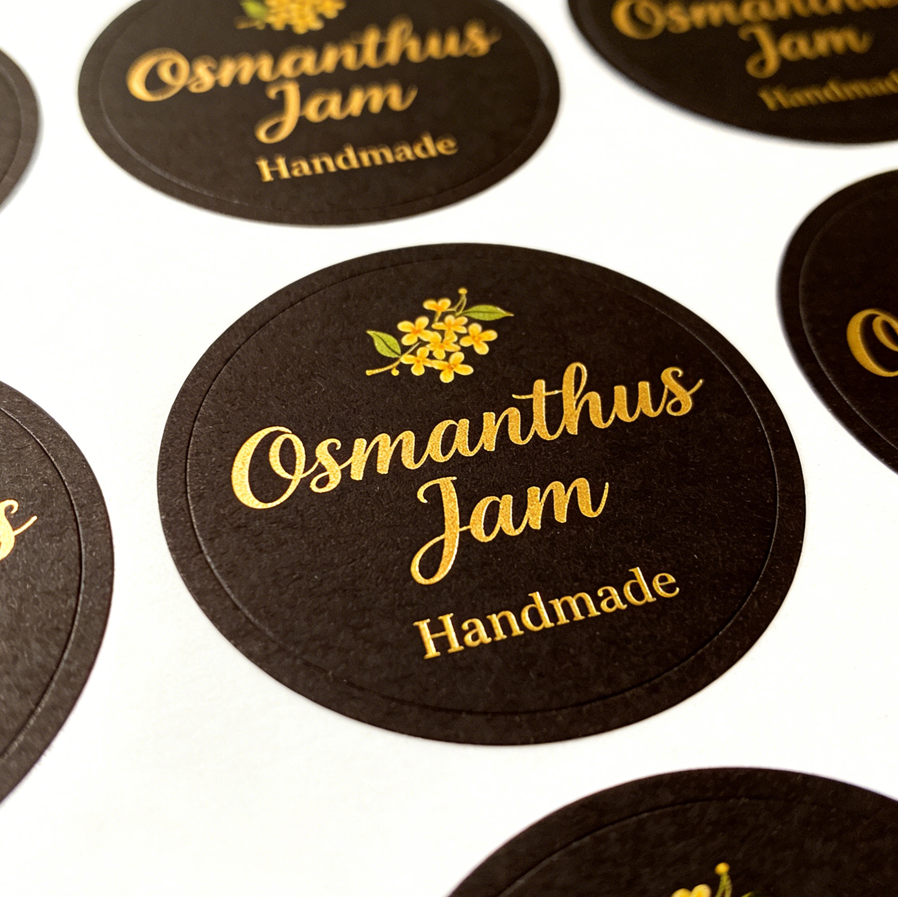 Black circle sheet labels with gold Osmanthus Jam branding, ideal for handmade food packaging and custom round stickers