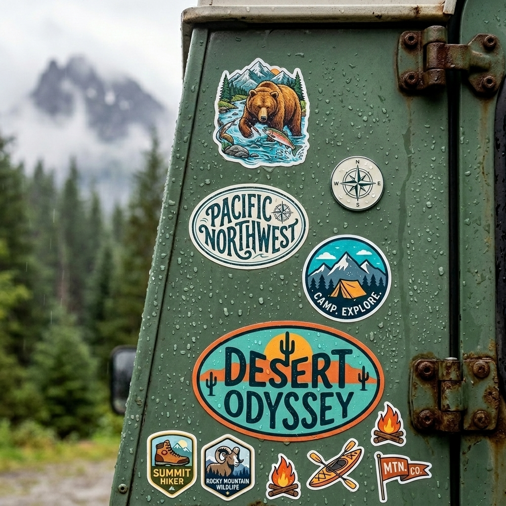 Green vehicle with outdoor-themed waterproof stickers in a forest setting