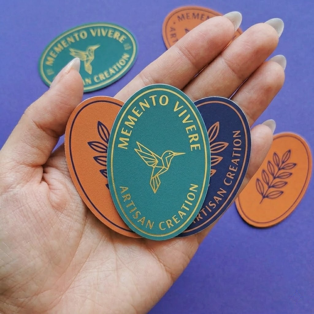 Oval matte vinyl stickers featuring an artisan hummingbird logo in teal, navy, and terracotta.